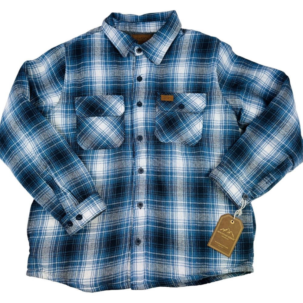 Mountain Ridge Mens Large Blue Plaid Sherpa Lined Flannel Shirt Jacket NWT